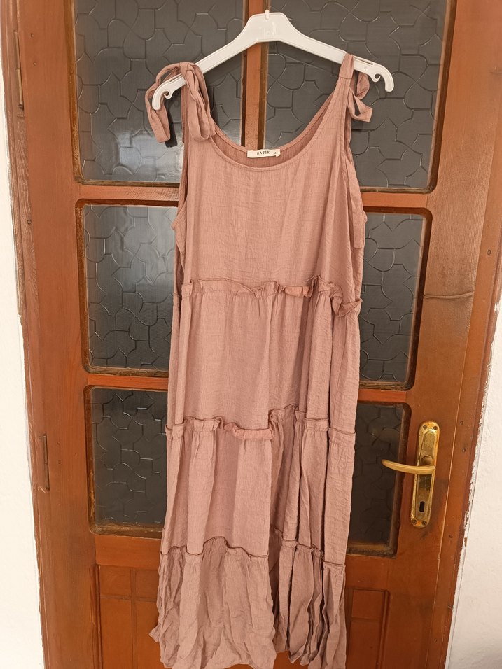 Bej Keten Uzun Bohem Elbise - Görsel 3