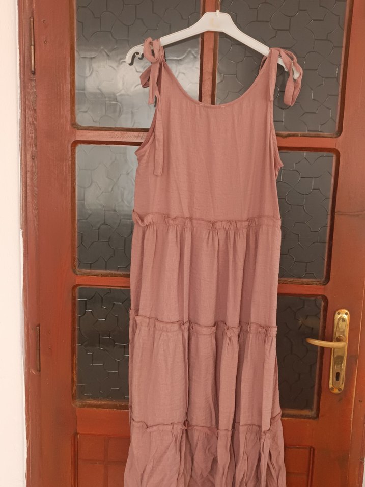 Bej Keten Uzun Bohem Elbise - Görsel 5