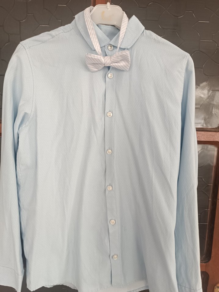 Mavi Keten Erkek Gömlek, Düğmeli, Uzun Kollu - Görsel 2