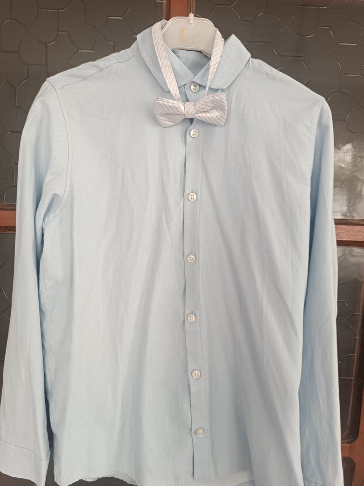 Mavi Keten Erkek Gömlek, Düğmeli, Uzun Kollu - Görsel 3