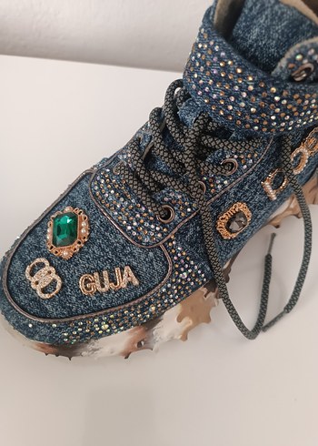 Payetli Yüksek Topuklu Mavi Denim Spor Ayakkabı - Görsel 5