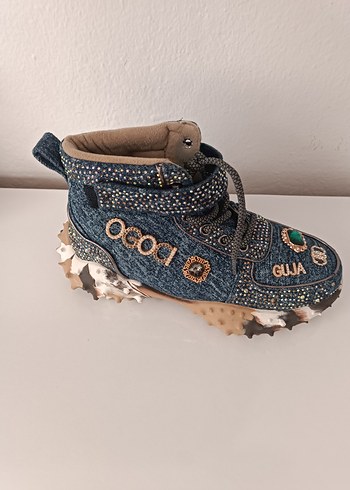 Payetli Yüksek Topuklu Mavi Denim Spor Ayakkabı - Görsel 3