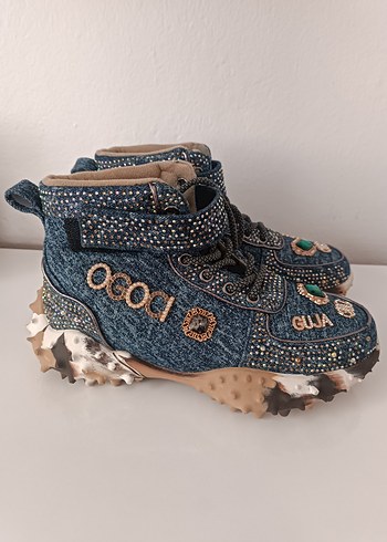 Payetli Yüksek Topuklu Mavi Denim Spor Ayakkabı - Görsel 2