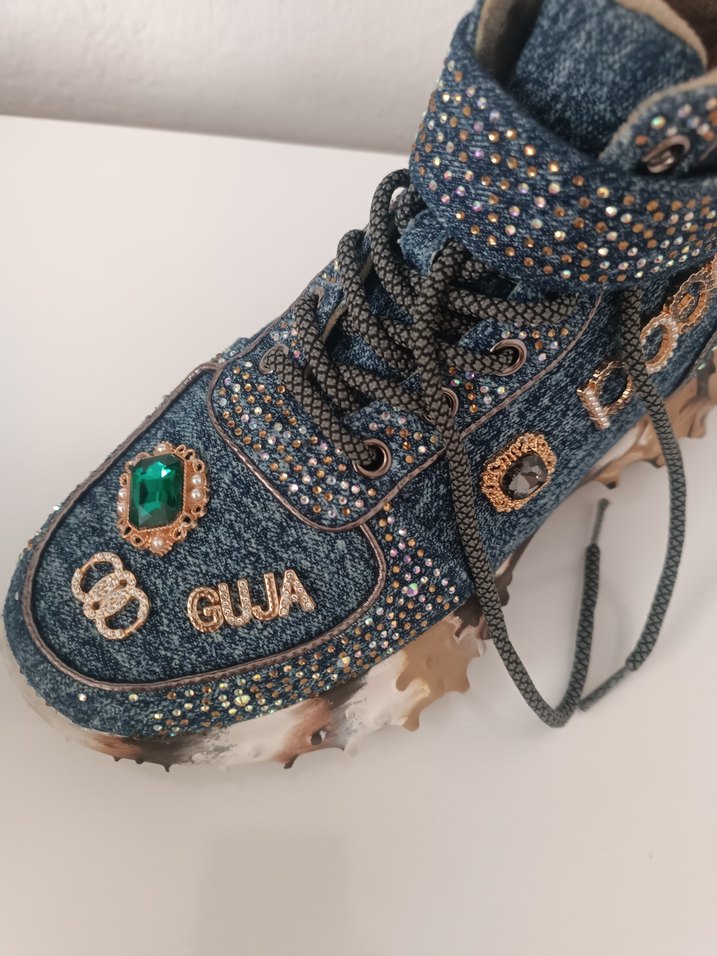 Payetli Yüksek Topuklu Mavi Denim Spor Ayakkabı - Görsel 5