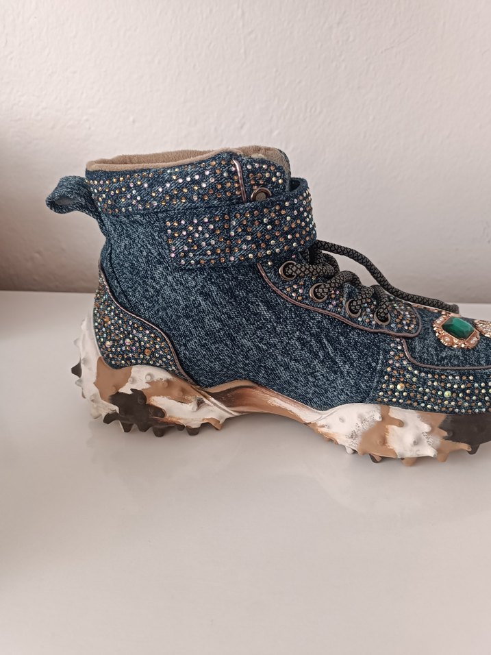 Payetli Yüksek Topuklu Mavi Denim Spor Ayakkabı - Görsel 4