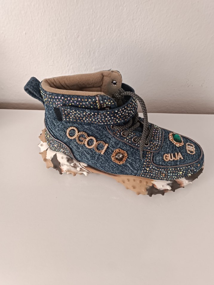 Payetli Yüksek Topuklu Mavi Denim Spor Ayakkabı - Görsel 3