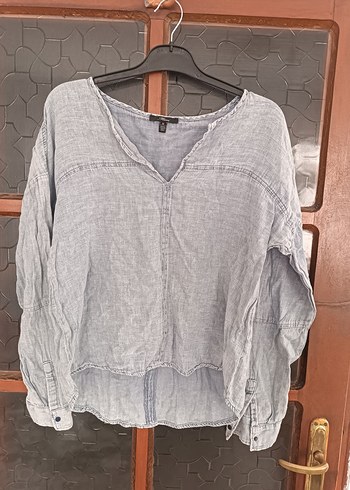 Gri Keten V Yaka Salaş Kadın Gömlek - Görsel 2