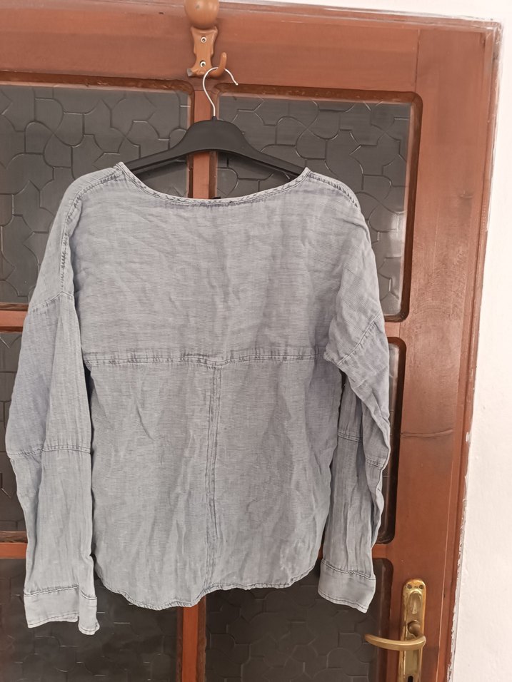 Gri Keten V Yaka Salaş Kadın Gömlek - Görsel 5