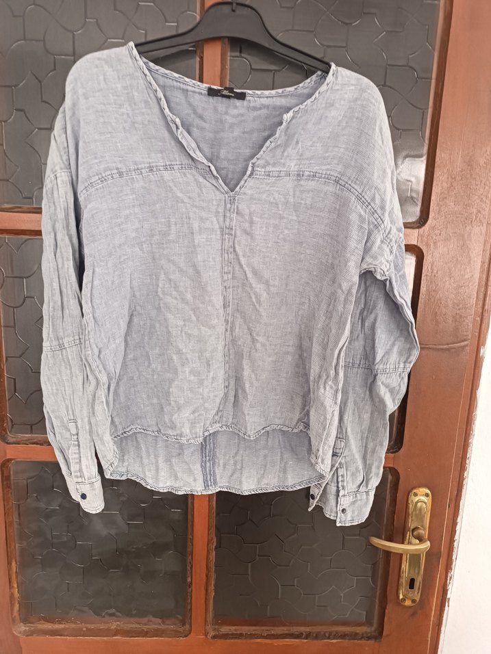 Gri Keten V Yaka Salaş Kadın Gömlek - Görsel 3