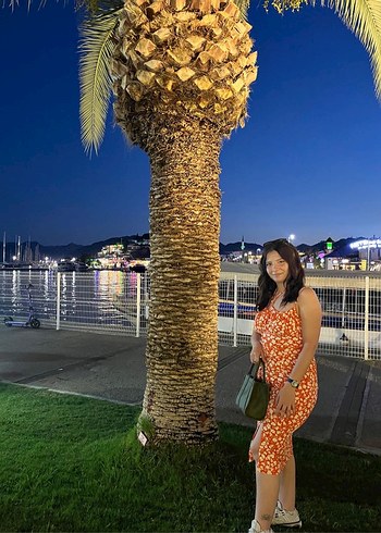 Turuncu Askılı Midi Bağlama Desenli Elbise - Görsel 4