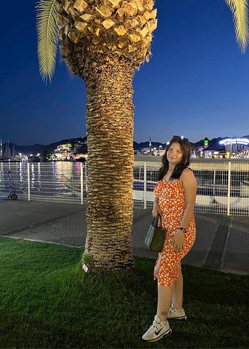 Turuncu Askılı Midi Bağlama Desenli Elbise - Görsel 2