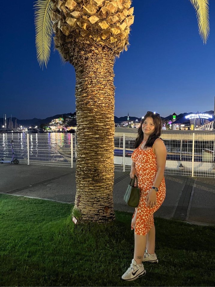 Turuncu Askılı Midi Bağlama Desenli Elbise - Görsel 2