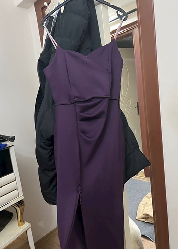 Mor Midi Boy, Yırtmaçlı Sade Abiye Elbise - Görsel 6