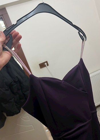 Mor Midi Boy, Yırtmaçlı Sade Abiye Elbise - Görsel 3