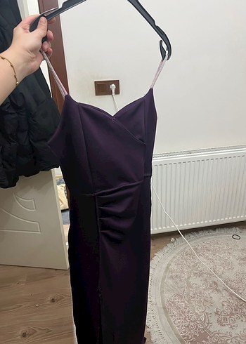 Mor Midi Boy, Yırtmaçlı Sade Abiye Elbise - Görsel 4