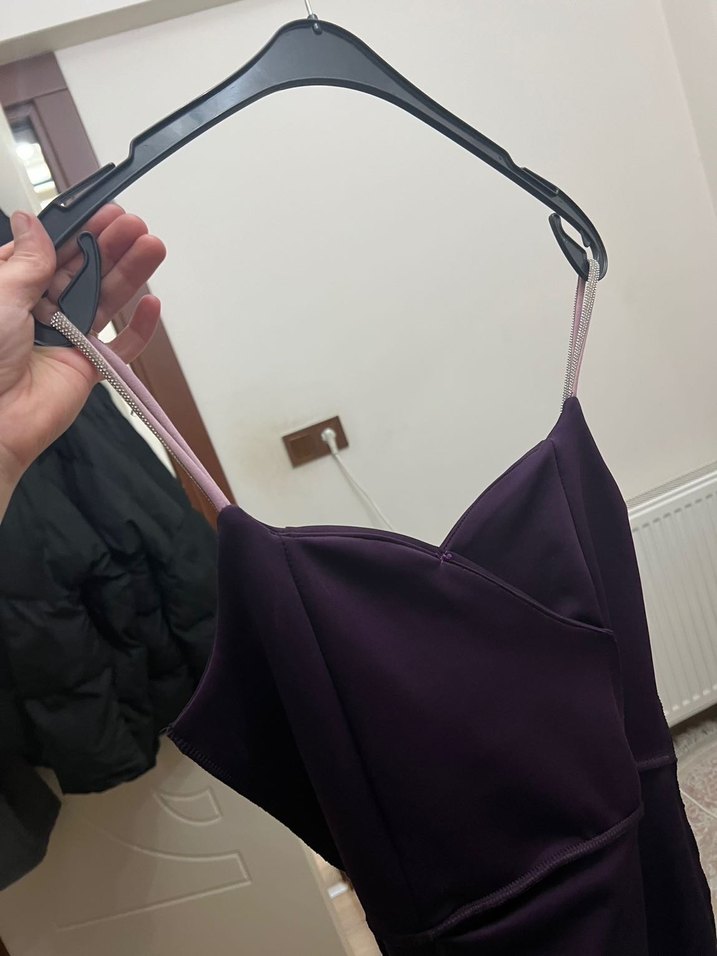 Mor Midi Boy, Yırtmaçlı Sade Abiye Elbise - Görsel 3