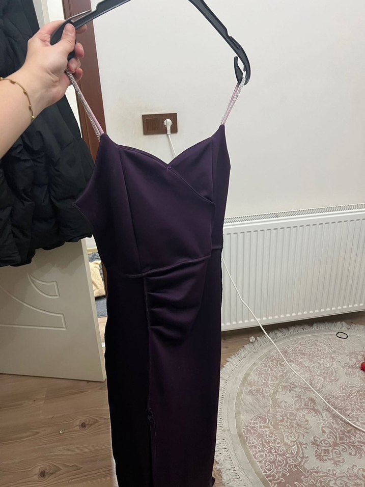 Mor Midi Boy, Yırtmaçlı Sade Abiye Elbise - Görsel 4