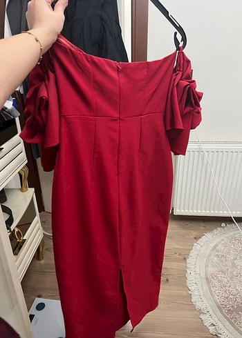 Kırmızı Straplez Midi Abiye Elbise - Görsel 4