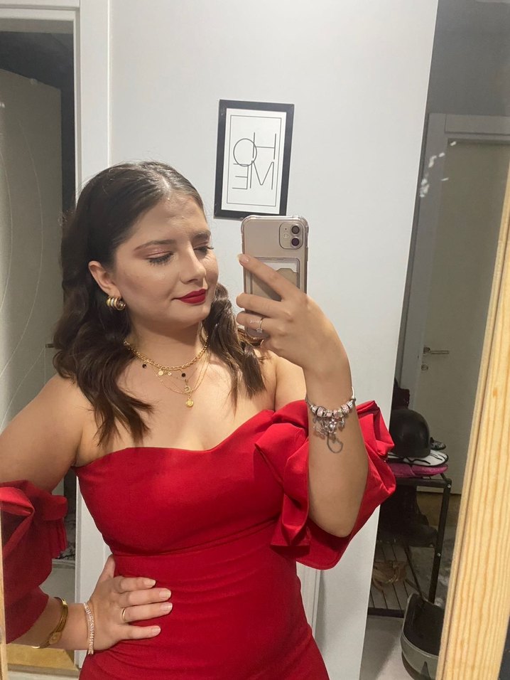 Kırmızı Straplez Midi Abiye Elbise - Görsel 2