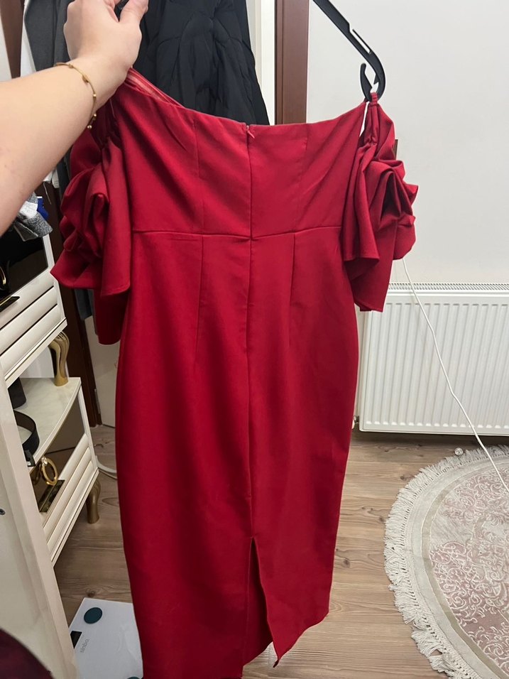 Kırmızı Straplez Midi Abiye Elbise - Görsel 4