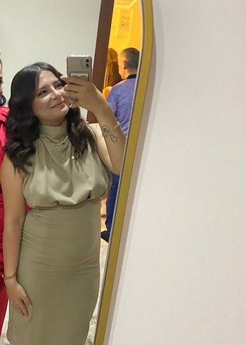 Bej Midi Kalem Elbise Yüksek Yakalı - Görsel 3