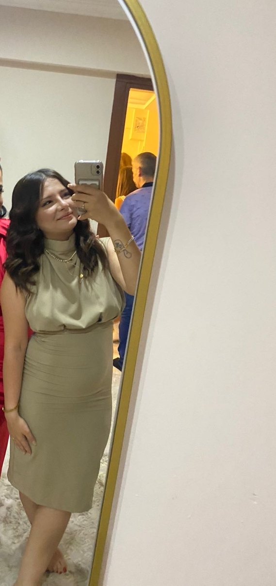 Bej Midi Kalem Elbise Yüksek Yakalı - Görsel 3