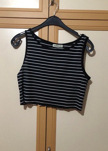 m Beden Çizgili Siyah Mini Kolsuz Crop Top