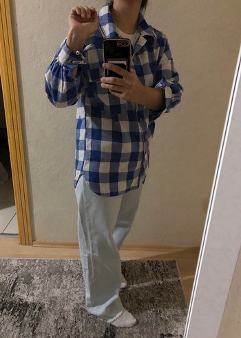 42 Beden Düğmeli Mavi Denim Kadın Gömlek