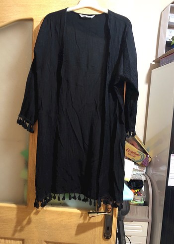 Siyah Uzun Keten Bohem Kadın Kimono