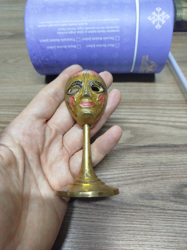 Antika Şiva tanrıçası pirinç maske, ayaklı, 11,5 cm, 1970'ler - Görsel 2