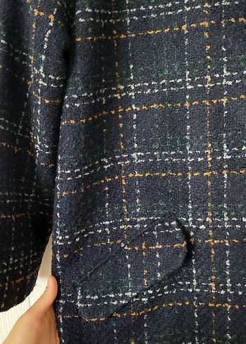 Düğmeli lacivert Gri Ekose Midi Kadın Yün Kaban - Görsel 4