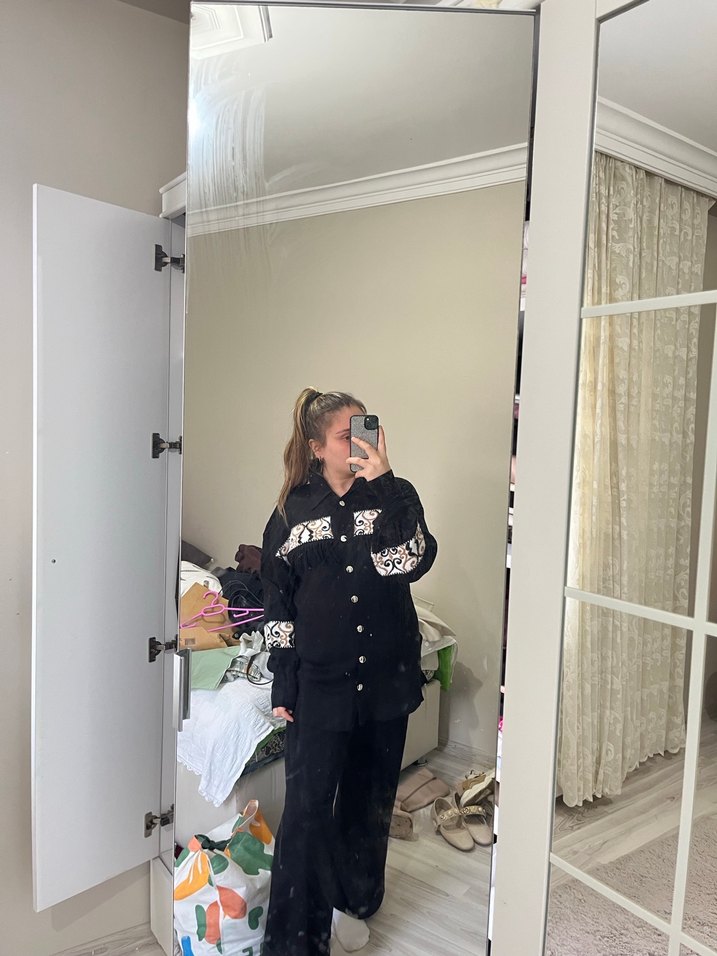 Düğmeli Siyah Denim Kadın Takım - Görsel 4