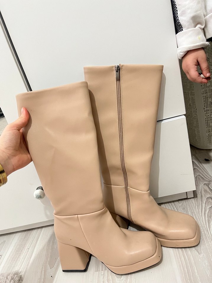 Bej Kadın Dizüstü Deri Botlar - Görsel 2