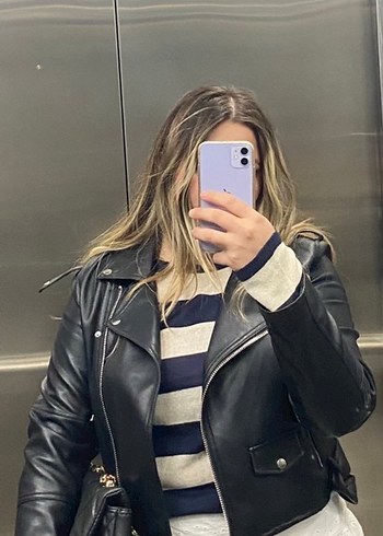 Kadın Siyah Deri Biker Ceket - Görsel 5