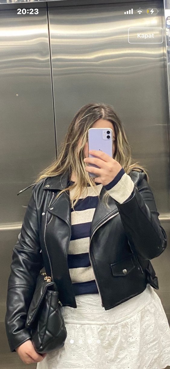 Kadın Siyah Deri Biker Ceket - Görsel 5