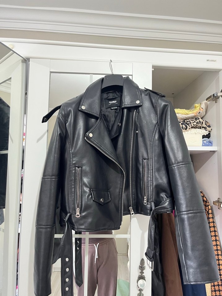 Kadın Siyah Deri Biker Ceket - Görsel 2