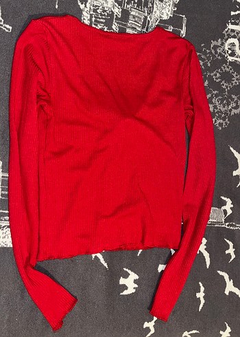 Kırmızı V Yaka Uzun Kollu Kadın Triko - Görsel 2