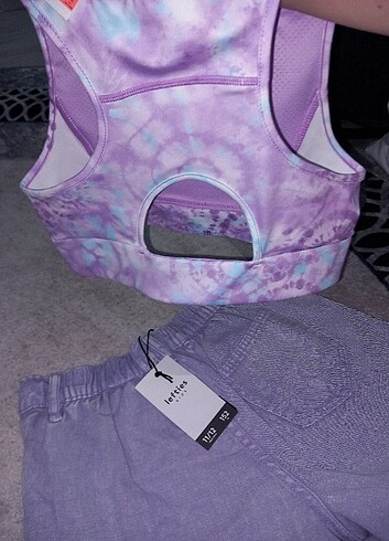 11-12 Yaş Beden Crop model spor bluz ince kumaş kot şort 
