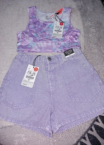 11-12 Yaş Beden çeşitli Renk Crop model spor bluz ince kumaş kot şort 