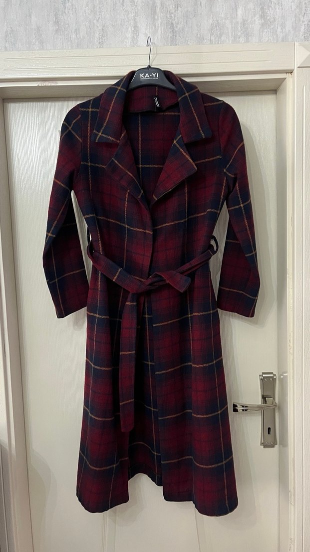 Bordo Kareli Beli Kuşaklı Midi Kadın Kaban - Görsel 2