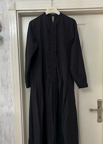 Uzun Siyah Keten Fırfırlı Elbise - Görsel 2