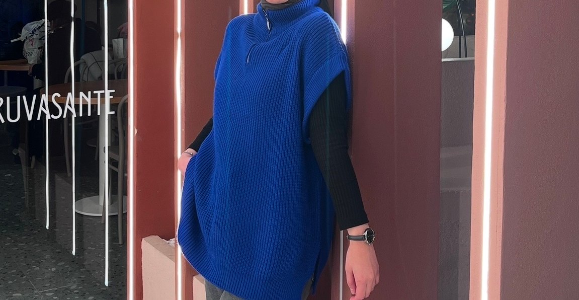 Kadın Mavi Boğazlı Triko Süveter - Görsel 2