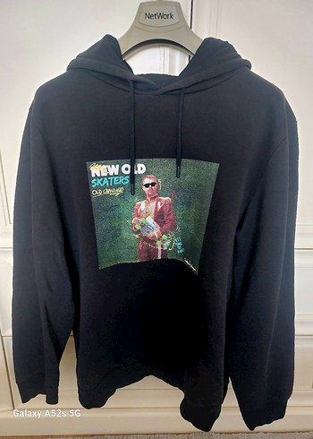 Siyah Koton Kapüşonlu Baskılı Erkek Sweatshirt XL
