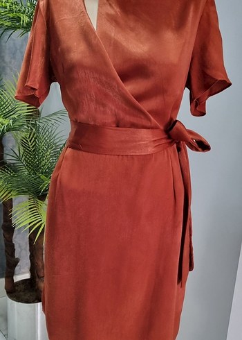 Kiremit rengi Saten Mini Kuşaklı Elbise - Görsel 7