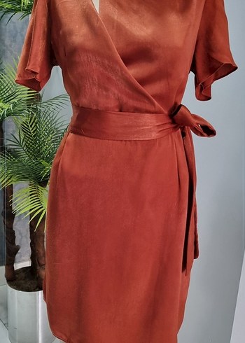 Kiremit rengi Saten Mini Kuşaklı Elbise - Görsel 4