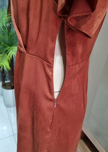 Kiremit rengi Saten Mini Kuşaklı Elbise - Görsel 5