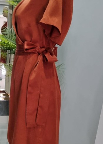 Kiremit rengi Saten Mini Kuşaklı Elbise - Görsel 3