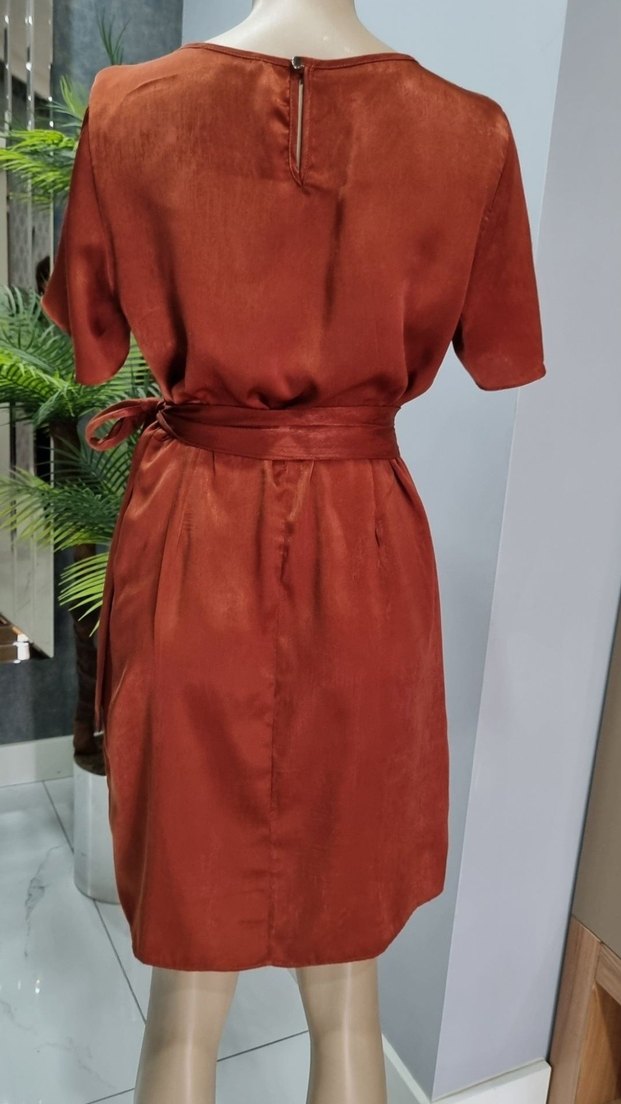 Kiremit rengi Saten Mini Kuşaklı Elbise - Görsel 2