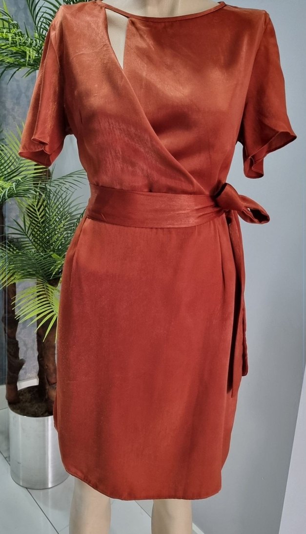 Kiremit rengi Saten Mini Kuşaklı Elbise - Görsel 4