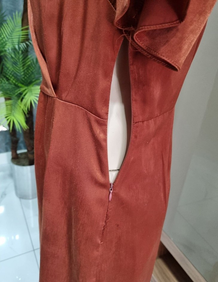 Kiremit rengi Saten Mini Kuşaklı Elbise - Görsel 5